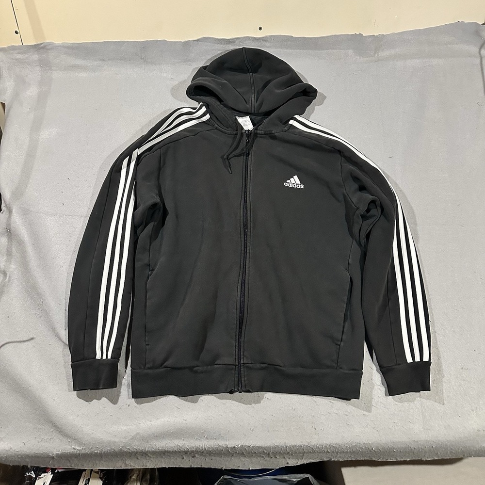 Adidas Mens Jacket Large Black Three Stripe Cotton Blend Zip Up Track Warm Up